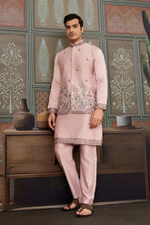 Pink Embroidered Koti Kurta Pajama